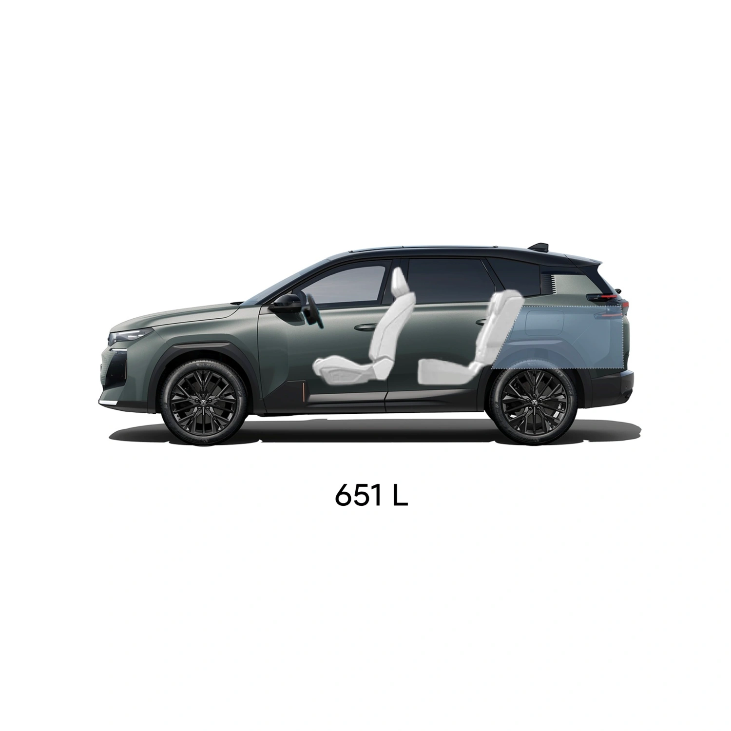 Technical dimensions sheet of ë-C5 Aircross showing front, rear, side and top views with exterior measurements and boot volumes