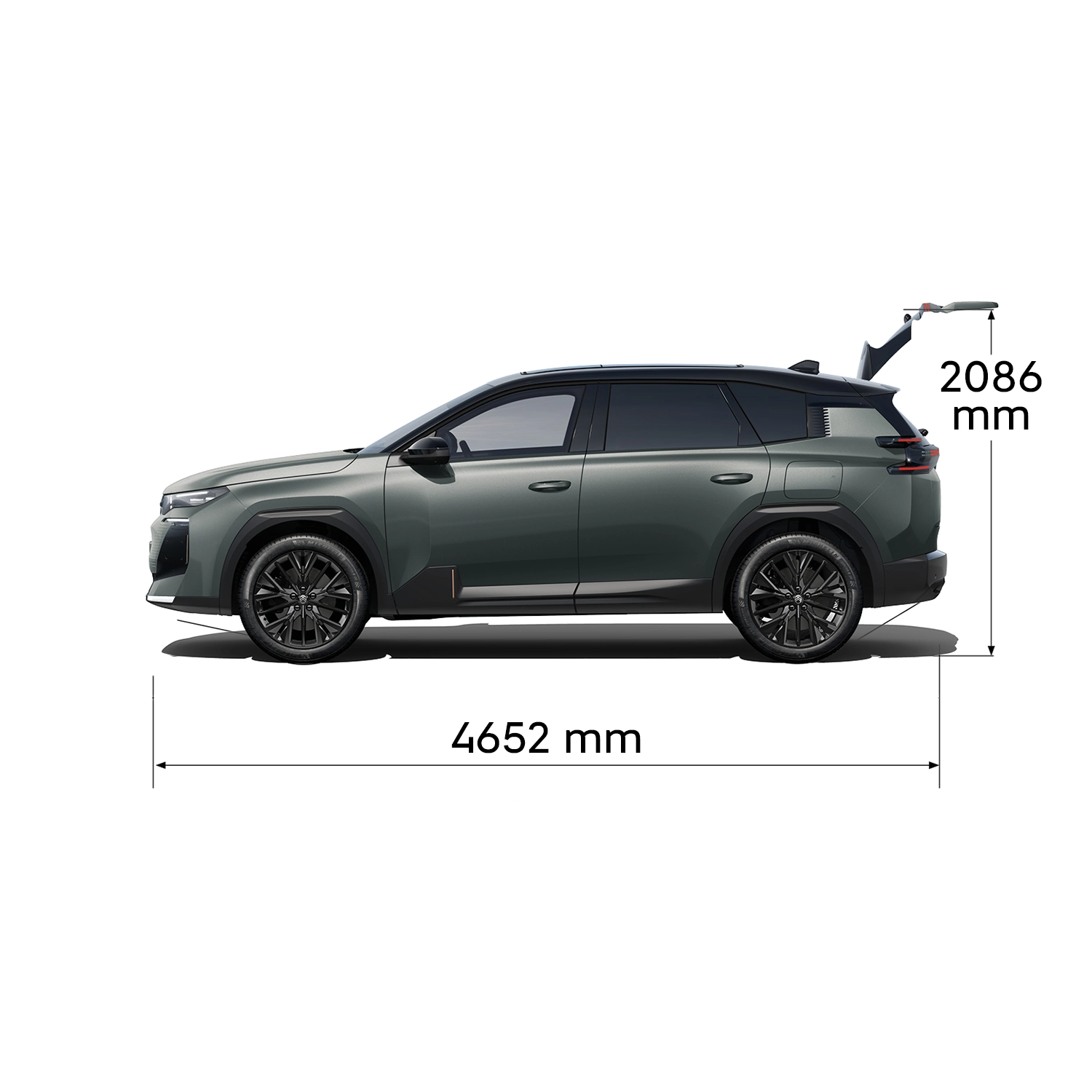 Technical dimensions sheet of ë-C5 Aircross showing front, rear, side and top views with exterior measurements and boot volumes