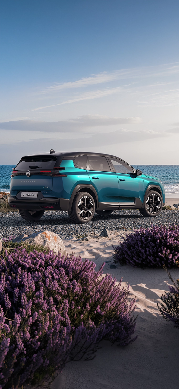 Dreiviertel-Heckansicht des Citroën C5 Aircross Emeraude; zeigt die Citroën Light-Wings-LED-Heckleuchten und das großzügige Design des Familien-SUV
