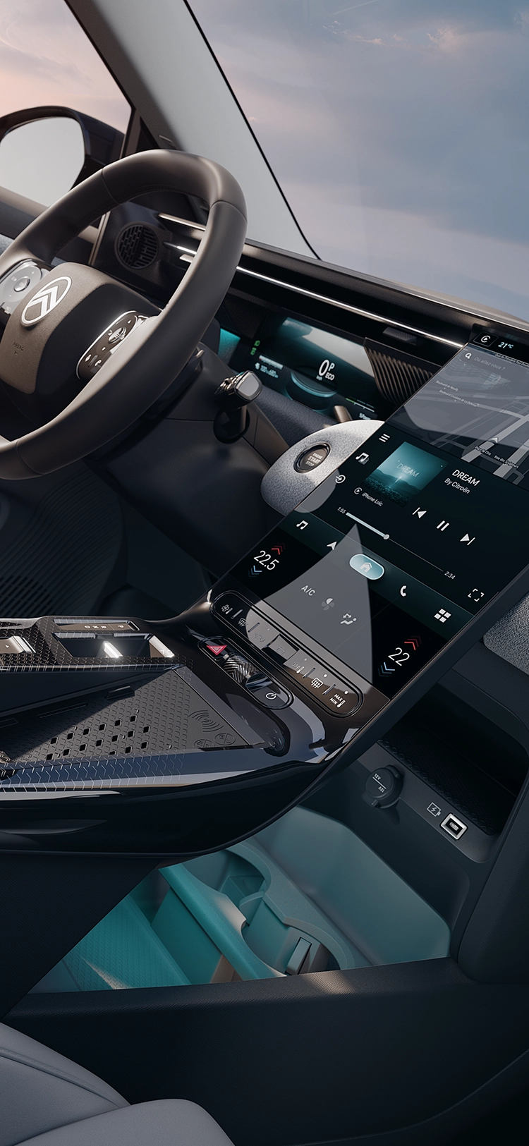 Detailansicht des Cockpits im Citroën C5 Aircross Emeraude; zeigt das Citroën Waterfall-Display mit 3D-Navigation und Konnektivität für komfortables Reisen im vernetzten Familien-SUV